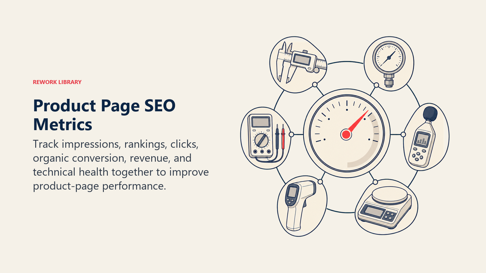 Product Page SEO Metrics shown as product SEO instrument cluster in a Rework Library editorial illustration
