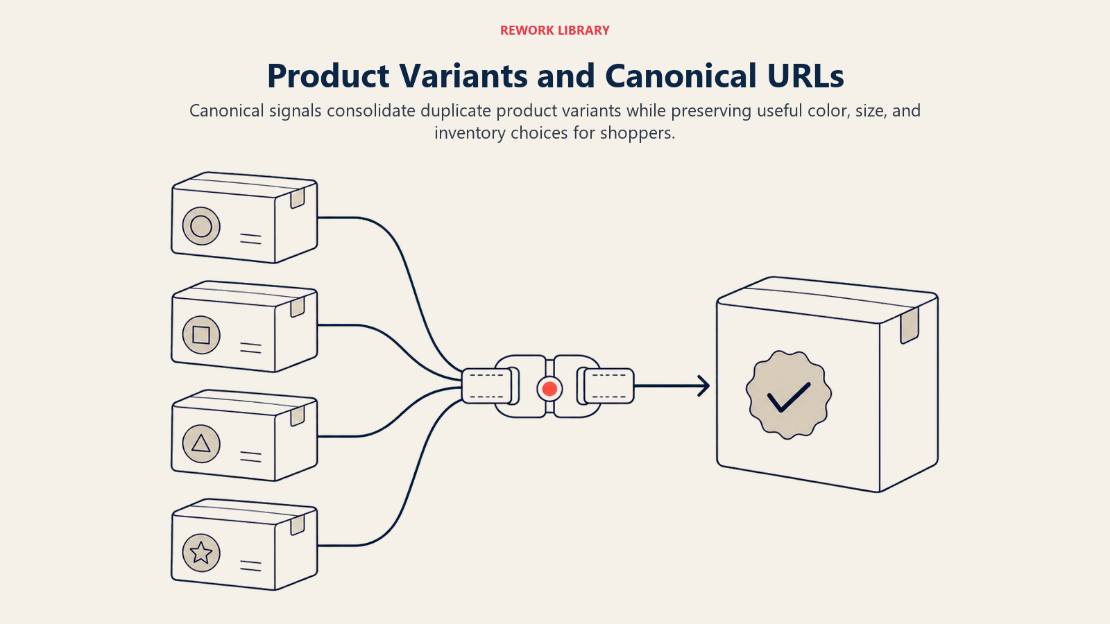 Product Variants and Canonical URLs shown as variant boxes and canonical clasp in a Rework Library editorial illustration