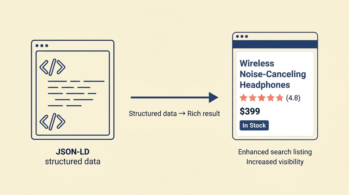Product schema markup JSON-LD structure with name, image, price, and review properties