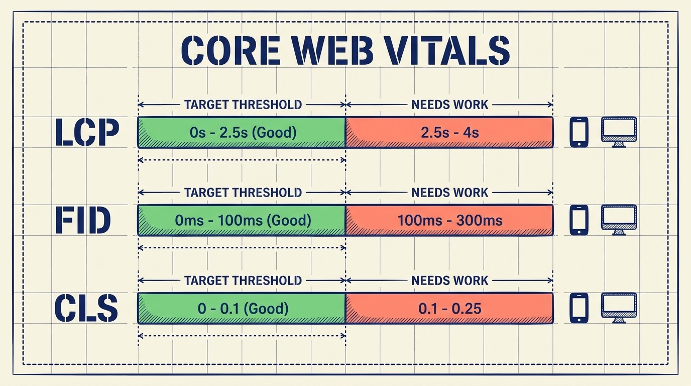 Technical SEO foundations for product pages including Core Web Vitals, mobile-first indexing, and HTTPS