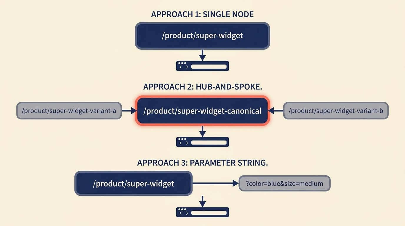 Three approaches to product variant URLs with canonical tags pointing to main product page