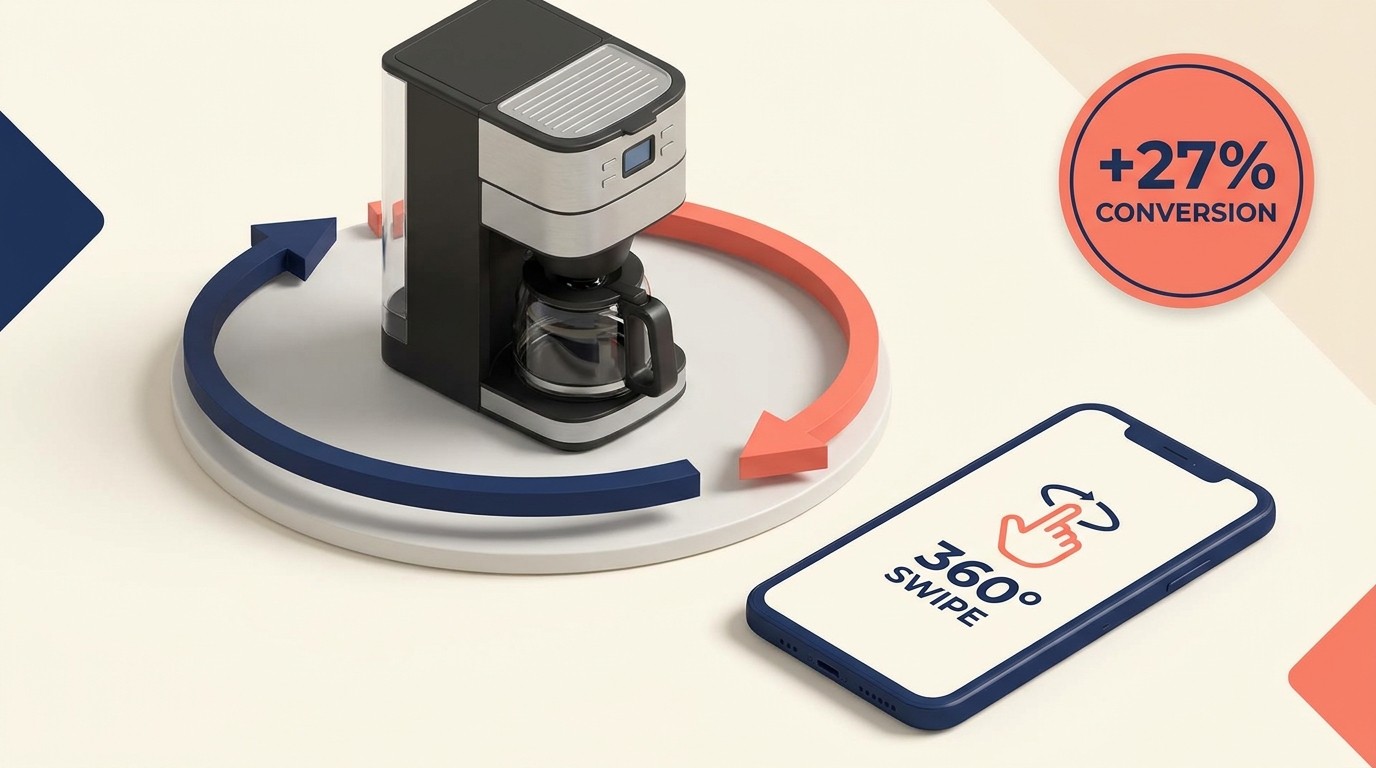 360-degree product viewer interface with rotating product and interactive controls