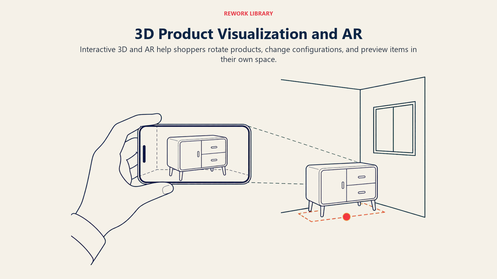 3D Product Visualization and AR, illustrated as a wide phone-like viewing frame projecting a spatial product model into a simple room outline, one coral placement anchor