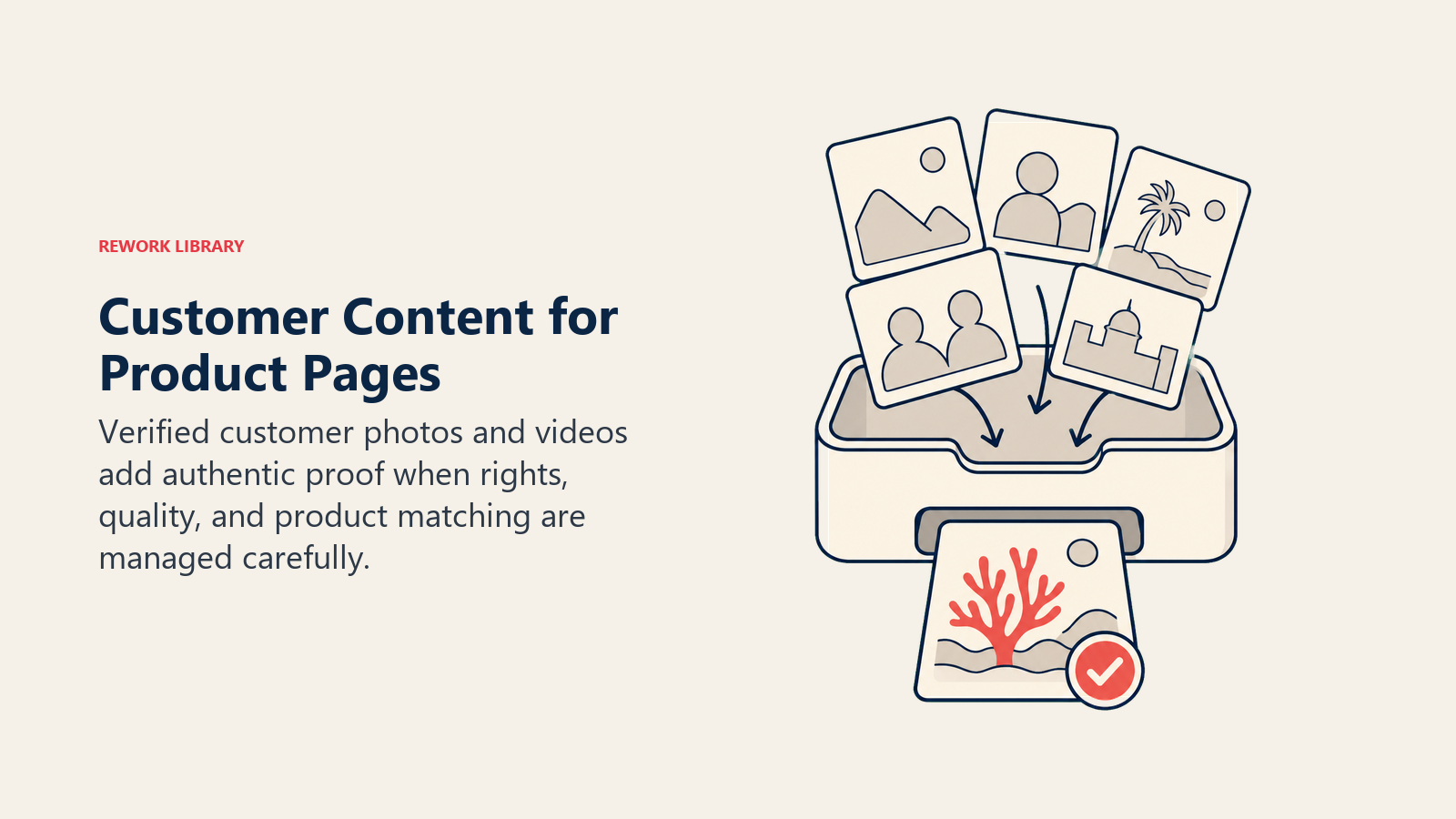 Customer Content for Product Pages, illustrated as a curated tray receiving varied customer photo cards and releasing one verified coral content card