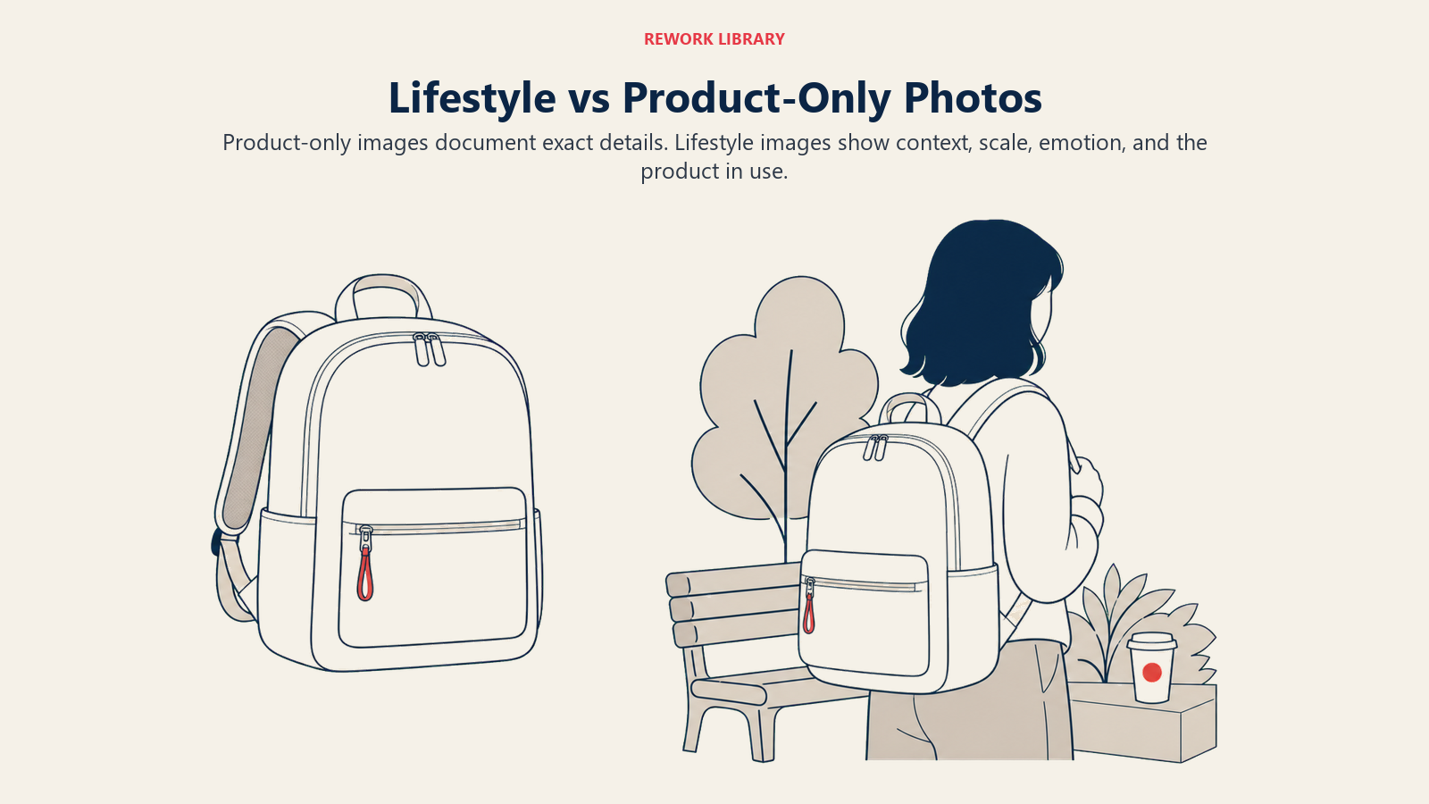 Lifestyle vs Product-Only Photos, illustrated as a wide split comparison: precise isolated product setup on the left versus the same product in a contextual lifestyle scene on the right