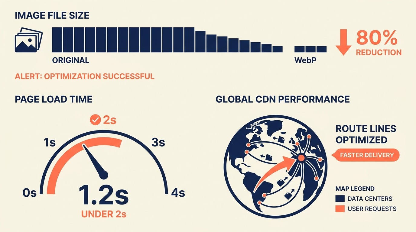 Image optimization and page speed performance dashboard with Core Web Vitals metrics