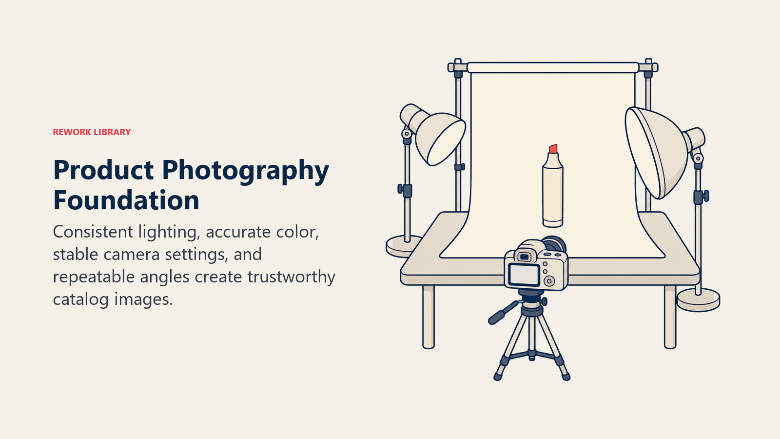 Product Photography Foundation, illustrated as a compact tabletop photo studio with two lamps, camera, seamless backdrop, and one coral product marker