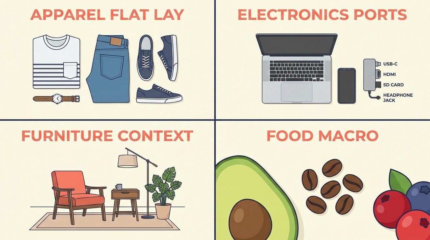 Photography approaches for apparel, electronics, home goods, food, and accessories product categories