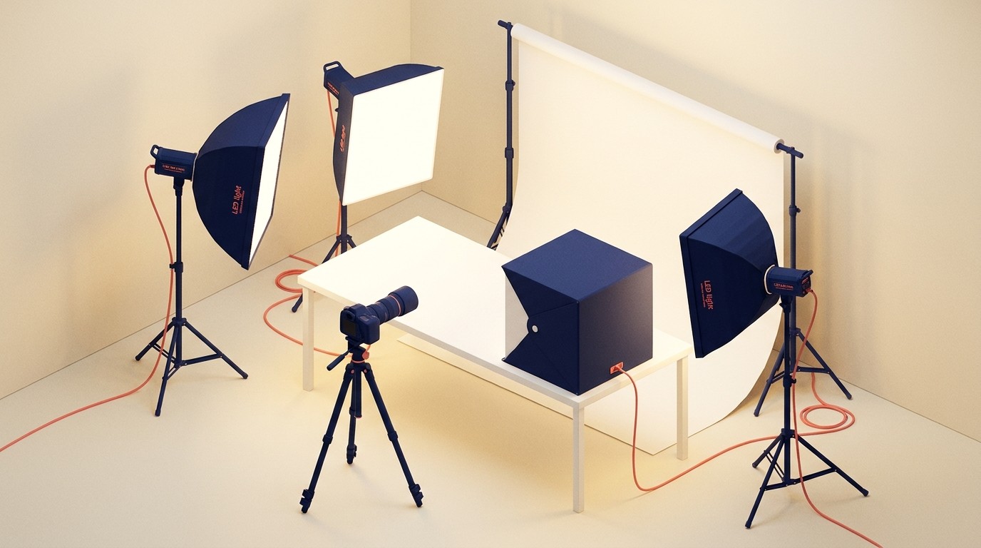 Product photography studio setup with LED lights, backdrop, tripod, and camera for e-commerce shoots
