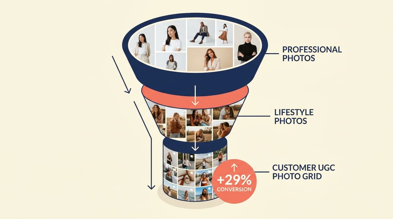 User-generated content gallery showing authentic customer photos driving 29% conversion lift