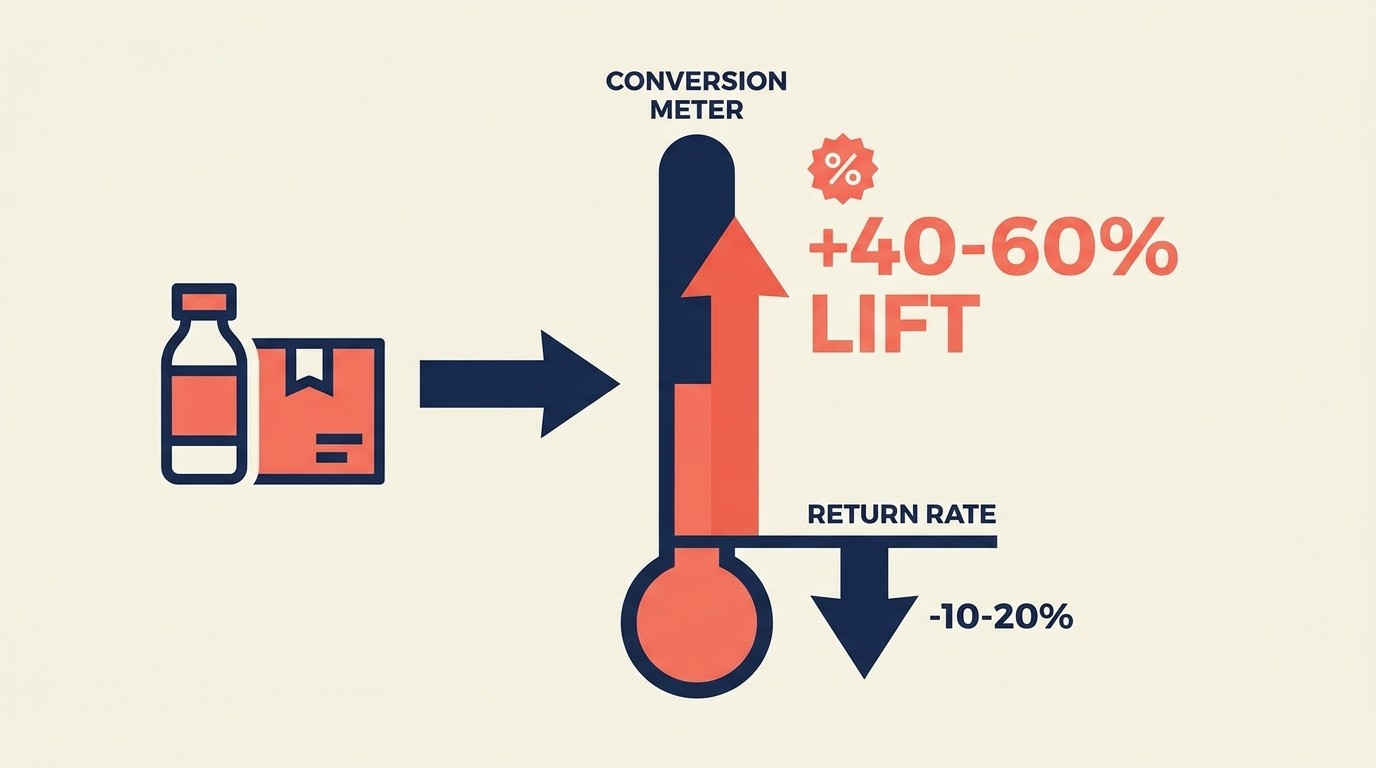 Conversion impact of visual content showing 40-60% conversion lift and 30-40% return reduction