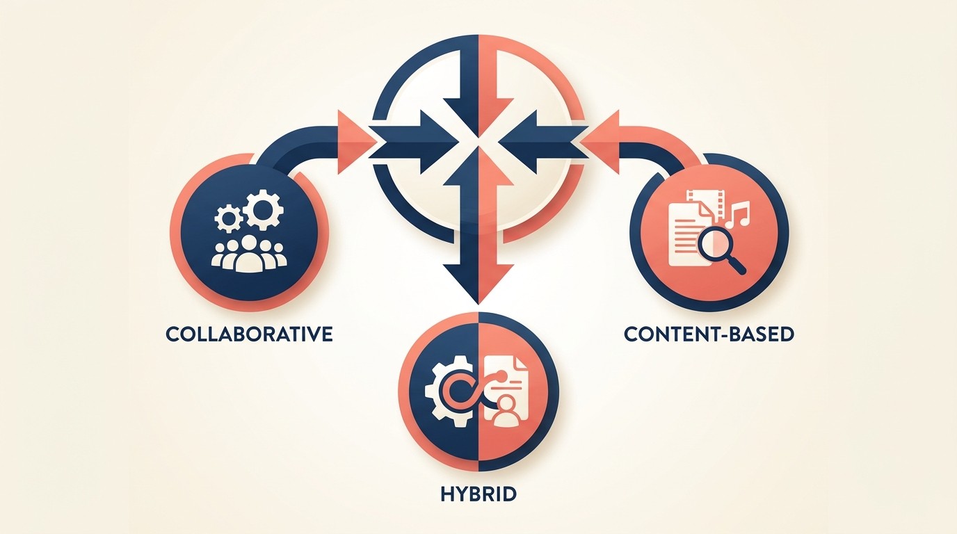 Side-by-side comparison of collaborative filtering, content-based, and hybrid recommendation algorithms