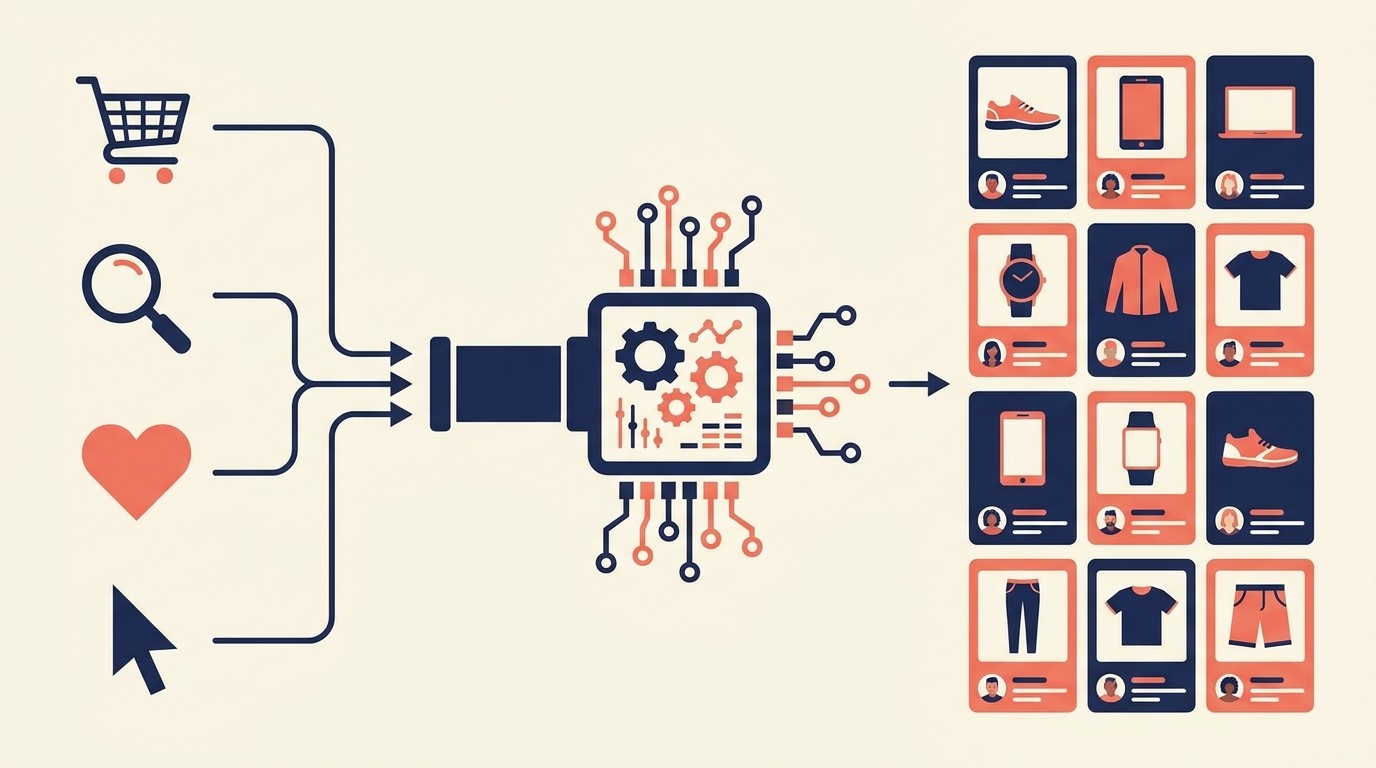 Anatomy of a product recommendation engine showing behavioral data, purchase history, and product relationships feeding predictions