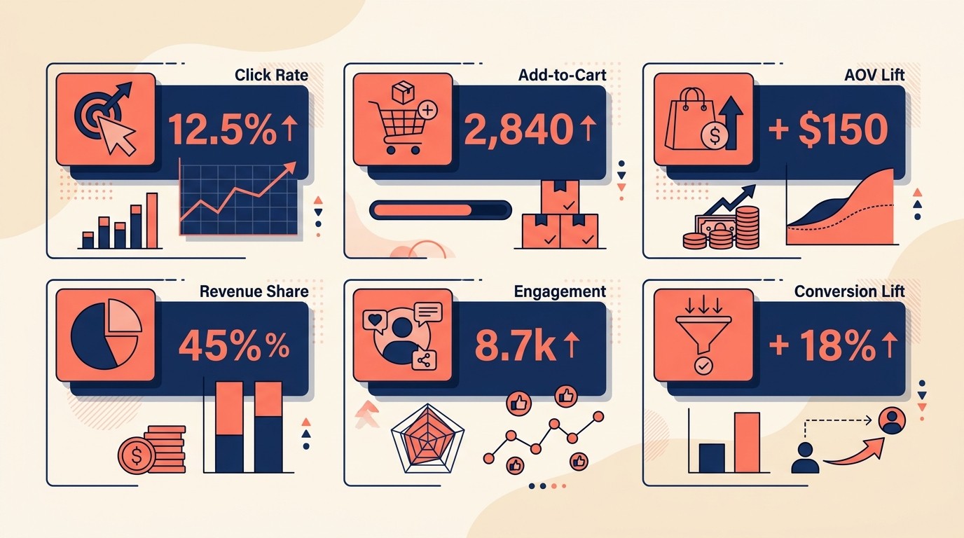 Recommendation performance dashboard showing CTR, add-to-cart rate, revenue lift, and attribution benchmarks