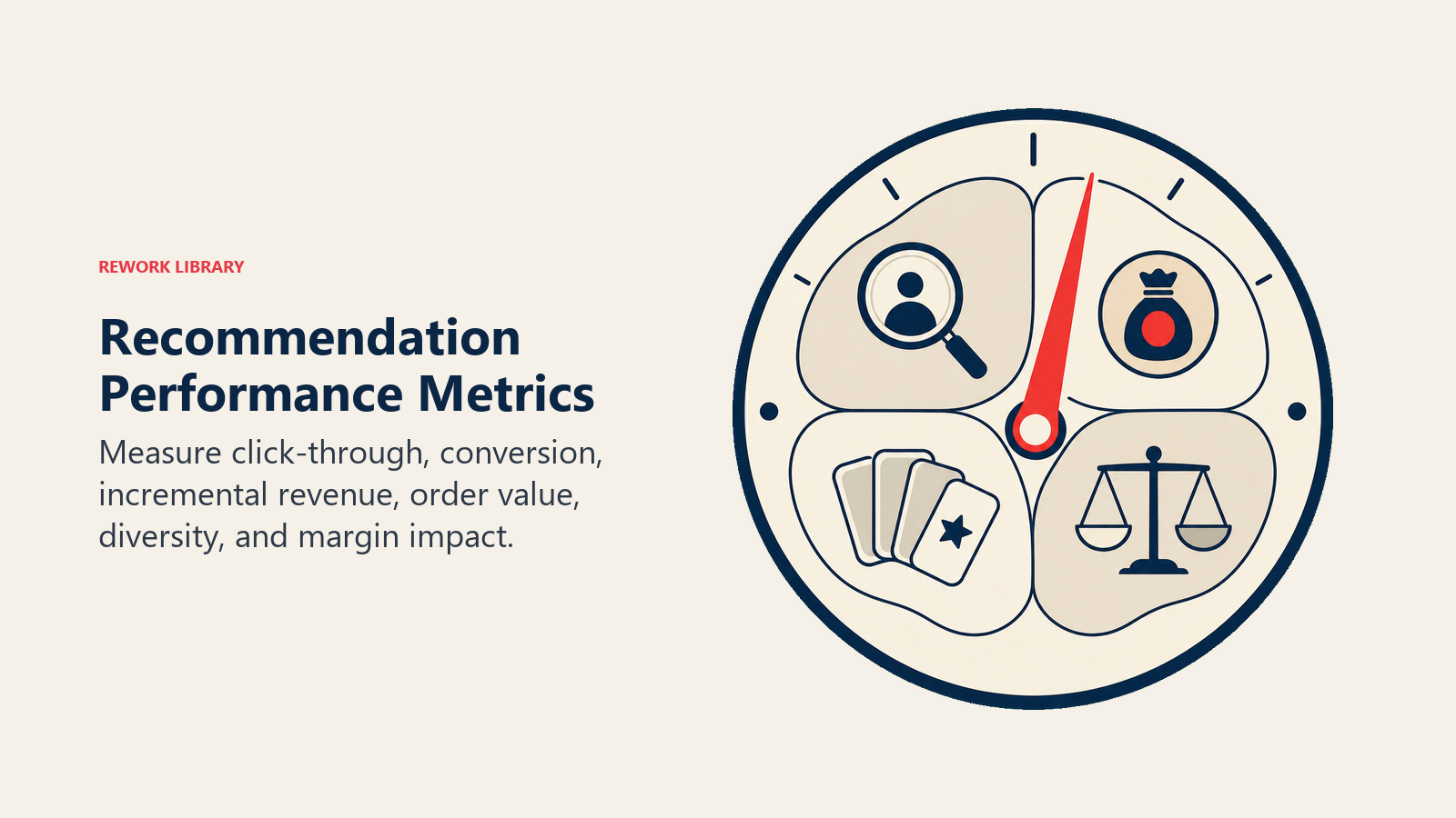 Recommendation Performance Metrics illustrated with a recommendation performance instrument balancing relevance lens, revenue token, variety fan, and margin scale around one coral needle