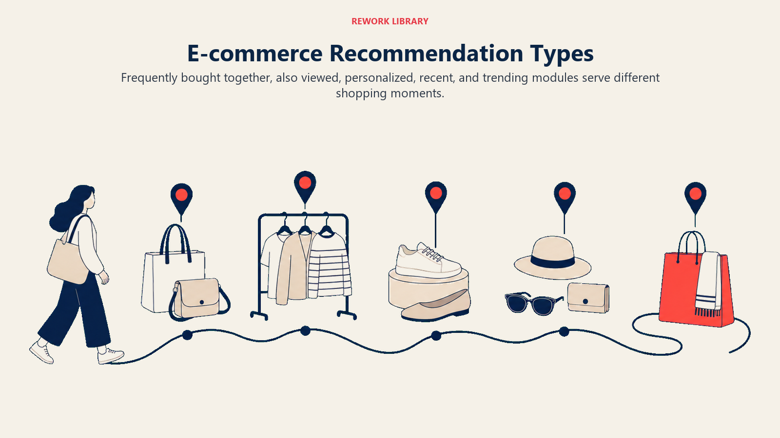 E-commerce Recommendation Types illustrated with a wide storefront journey with five distinct recommendation moments represented by sparse product groupings along the route, no UI text
