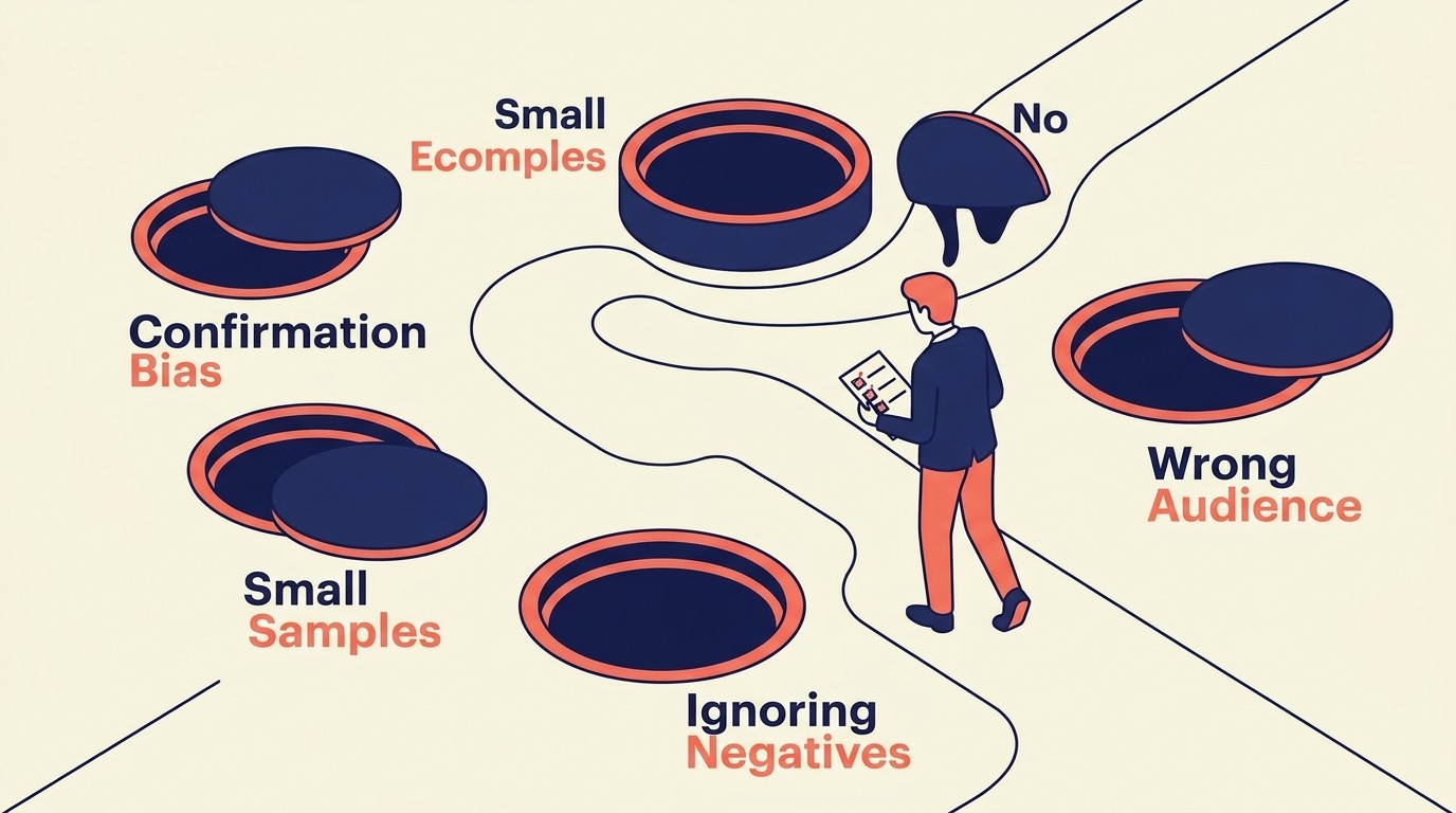 Common validation pitfalls including confirmation bias and insufficient sample sizes