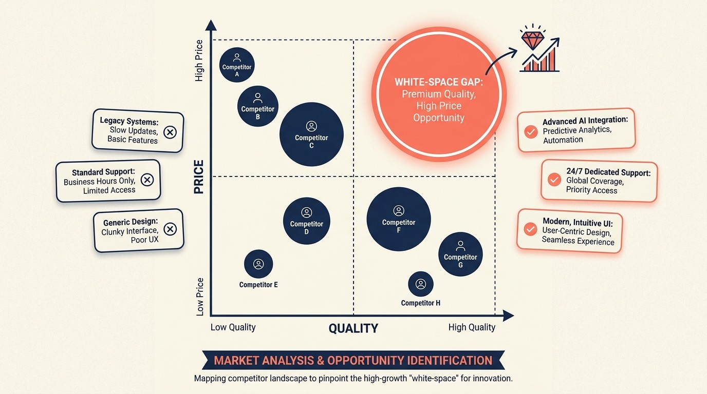 Competitor analysis with feature mapping gap identification and review mining