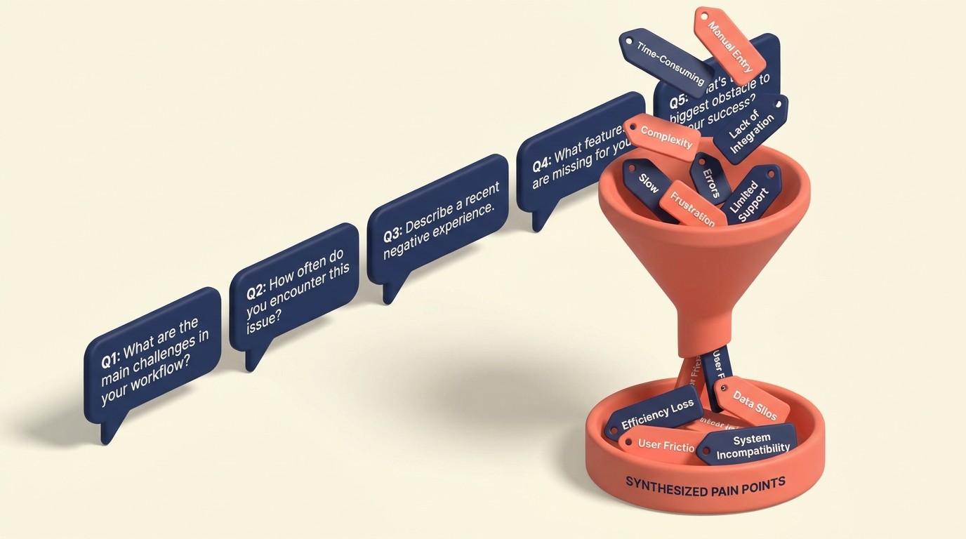 Customer interview methodology with structured questions and pattern synthesis