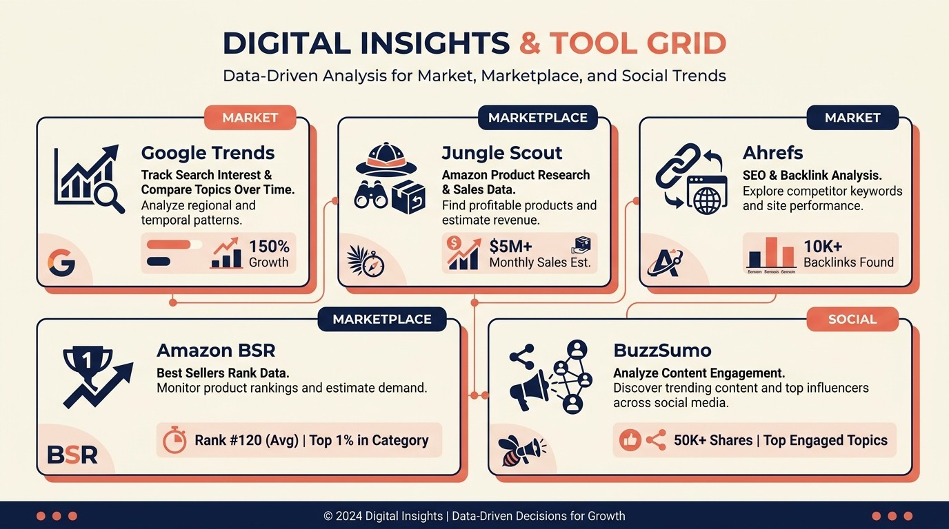 Data sources and research tools including Google Trends Jungle Scout and social listening