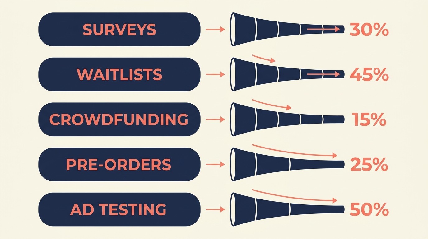 Demand validation methods including surveys waitlists crowdfunding and pre-orders