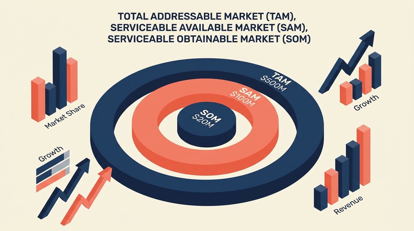 Market research framework with demand estimation TAM SAM SOM and competitive mapping