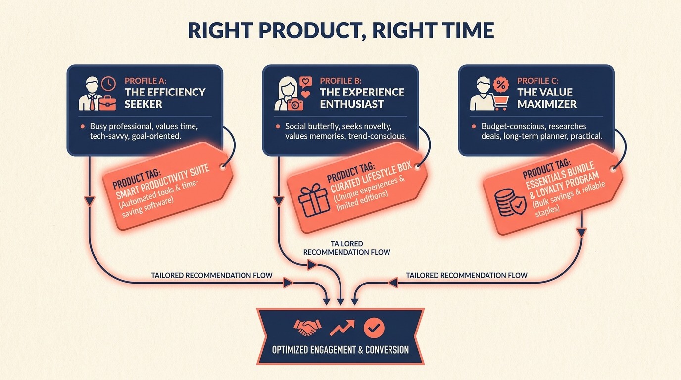 Personalization framework showing purchase history, behavioral triggers, and dynamic content blocks for repeat customers