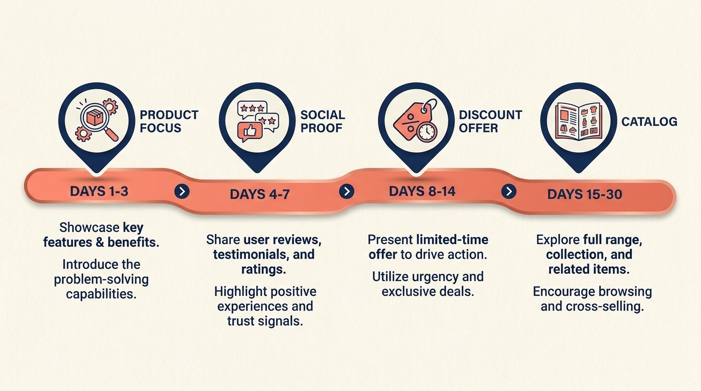 30-day ad sequence progression from product focus to discounts with frequency caps