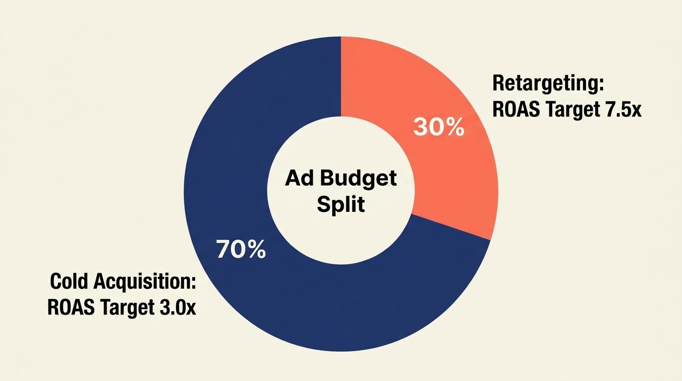 70/30 split between acquisition and retargeting with ROAS targets by audience tier