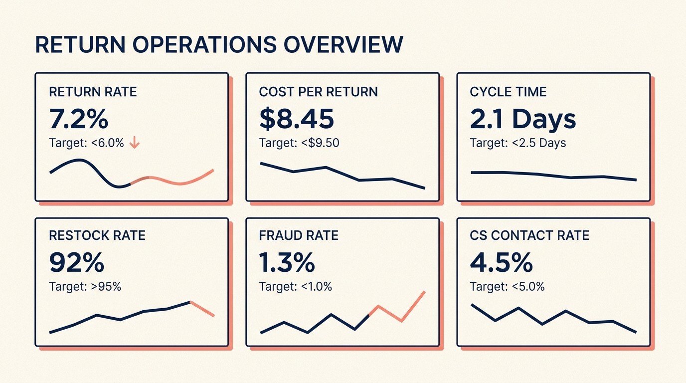 Returns KPI dashboard tracking return rate, cost per return, cycle time, restock rate, fraud rate, and CS contacts