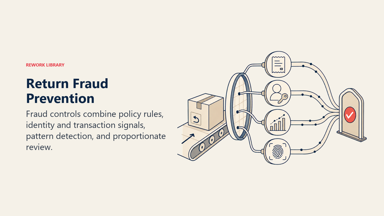 Return Fraud Prevention shown as return fraud inspection lens in a Rework Library editorial illustration