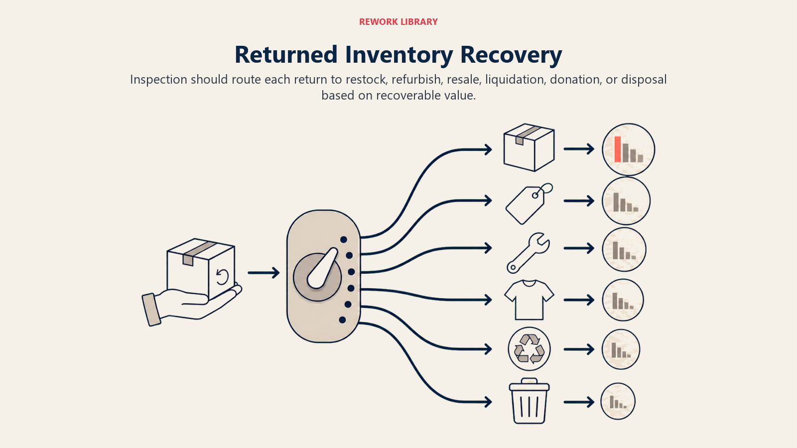 Returned Inventory Recovery shown as six-route inventory recovery switch in a Rework Library editorial illustration
