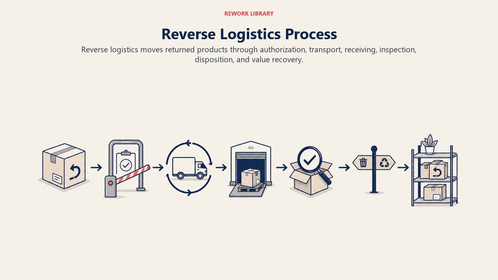 Reverse Logistics Process shown as six-stage reverse logistics flow in a Rework Library editorial illustration