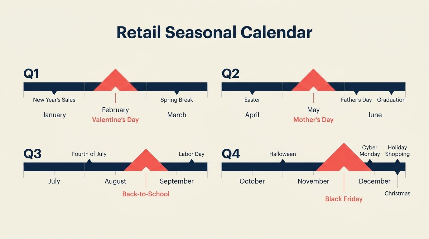 Annual retail calendar mapping quarterly commercial seasons and industry-specific demand peaks