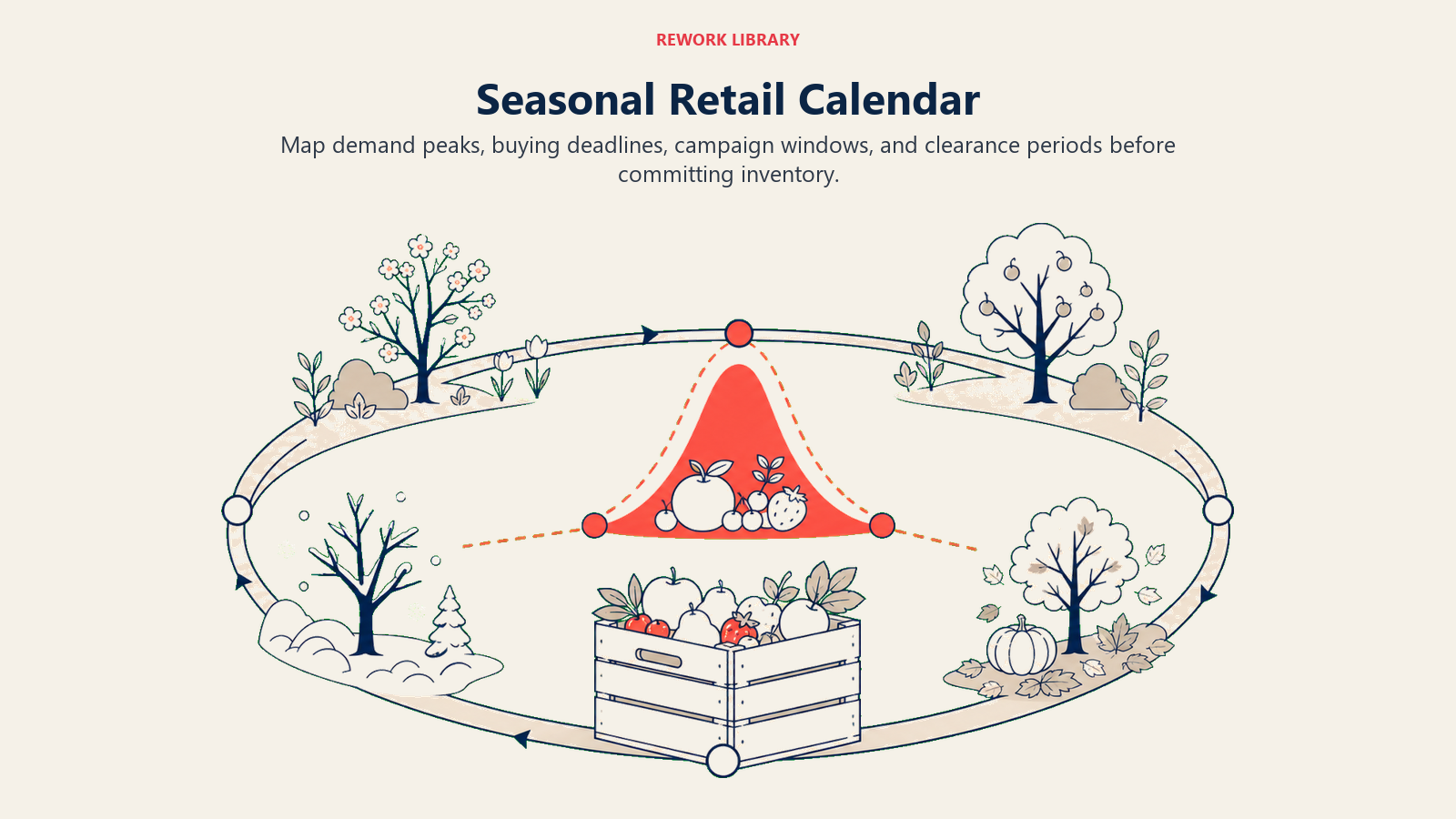 Seasonal Retail Calendar illustrated as a wide annual calendar orbit with four distinct seasonal arcs, a product crate, and one coral peak window