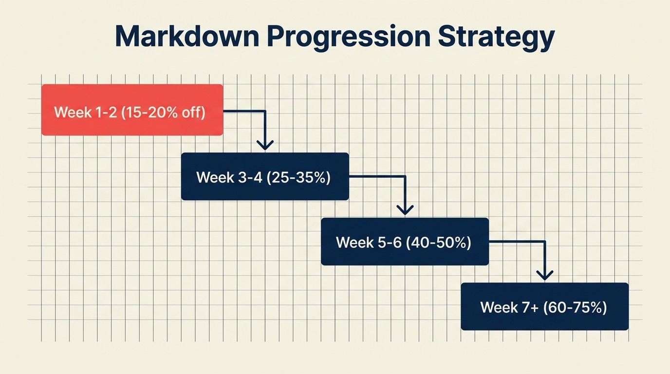 Graduated markdown progression chart showing discount tiers from 20 percent to 75 percent over clearance weeks