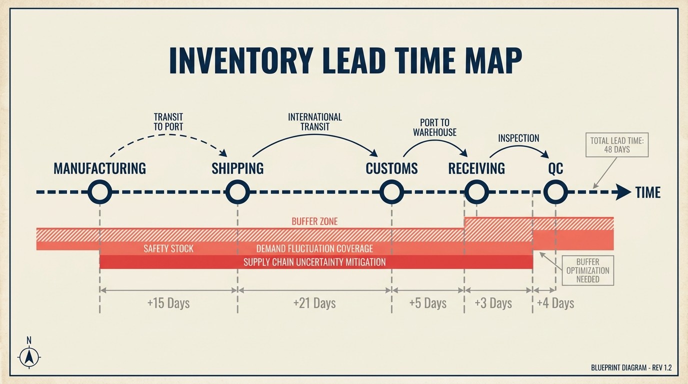 Lead time map showing manufacturing shipping customs and receiving stages working backward from peak demand