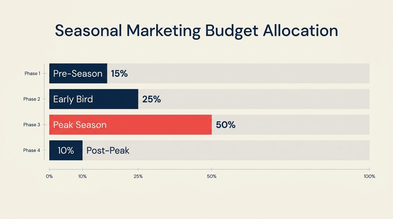 Seasonal marketing timeline from pre-season awareness through early bird peak and post-peak recovery phases