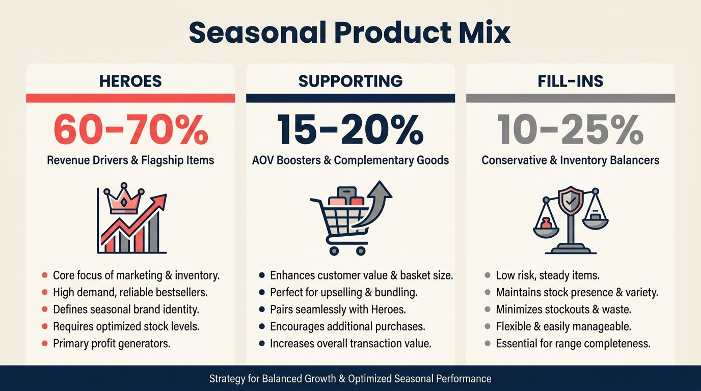 Product mix pyramid with seasonal heroes supporting products and fill-in items by inventory priority