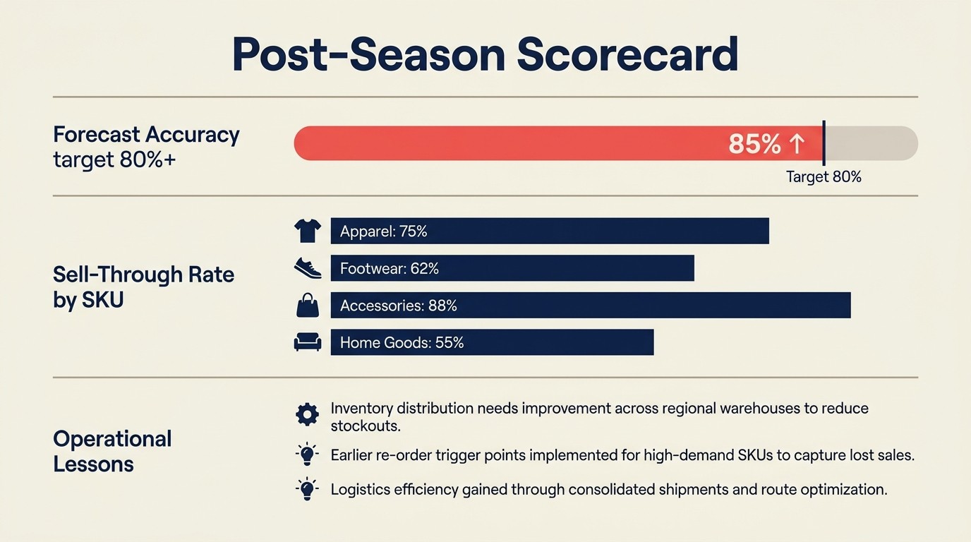 Post-season scorecard reviewing forecast accuracy sell-through rates and operational learnings for next year