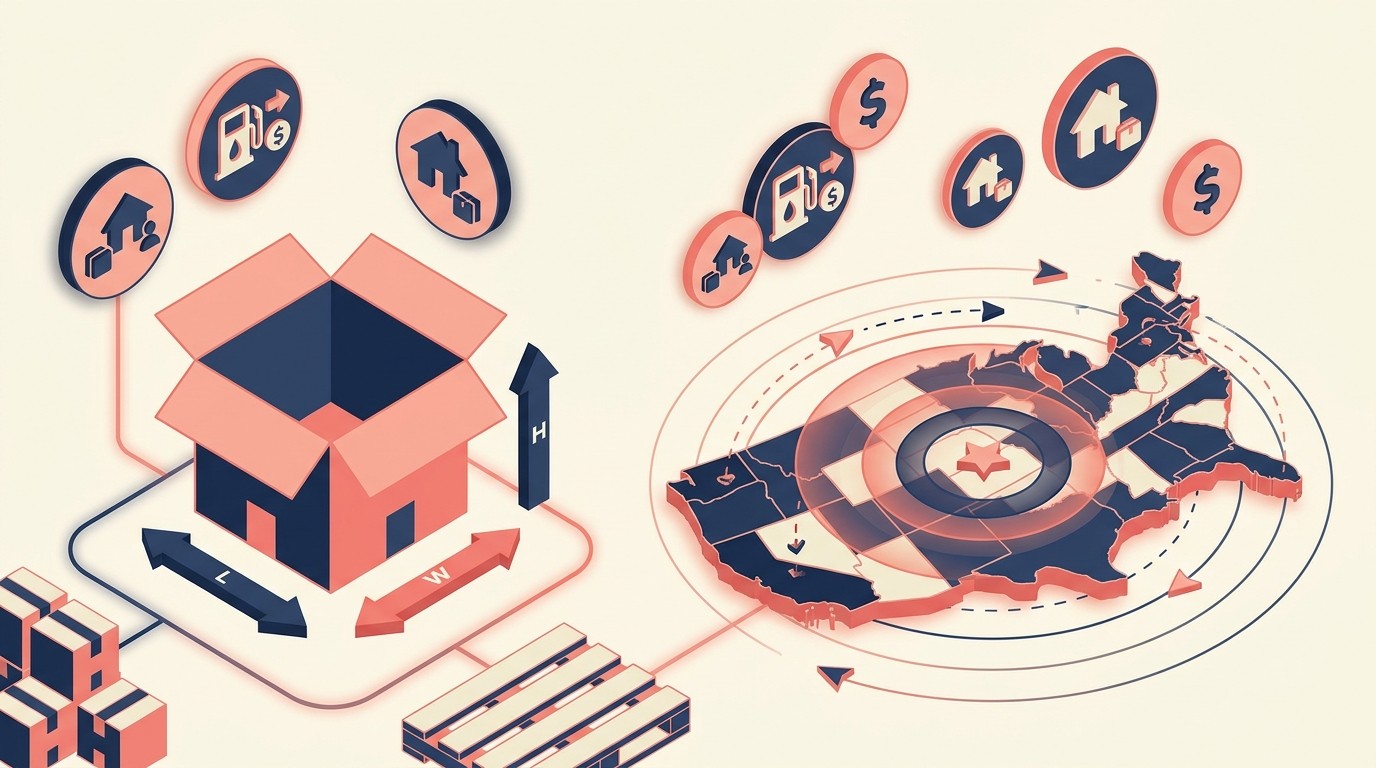 Breakdown of shipping cost components including dimensional weight, zone distance, and handling fees