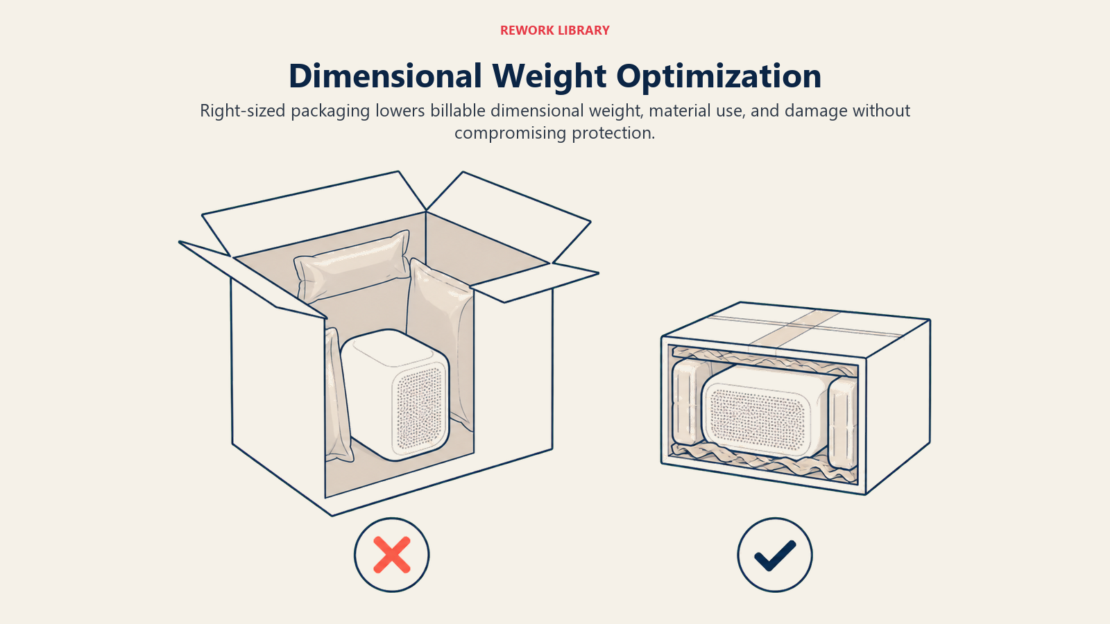 Dimensional Weight Optimization, illustrated as a wide direct comparison of an oversized box with wasted volume versus a right-sized protected parcel with lower billable weight