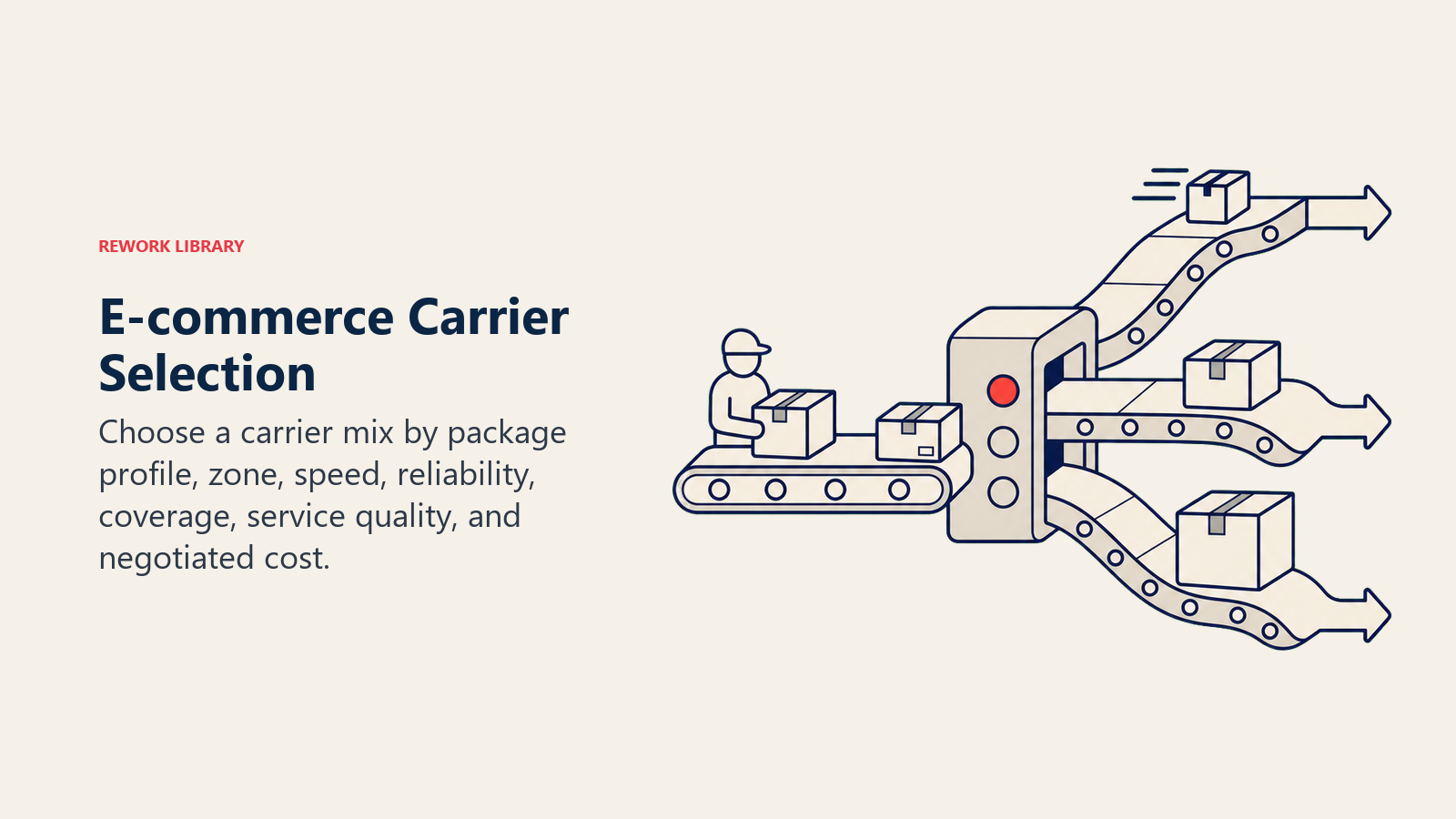 E-commerce Carrier Selection, illustrated as a carrier selection switchyard routing parcels of different size and urgency onto three distinct delivery routes