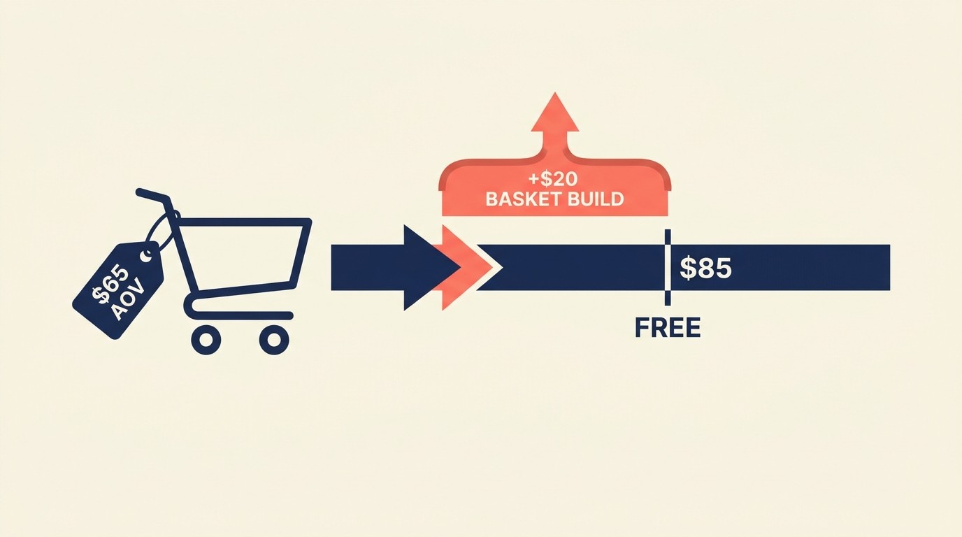 Financial model showing free shipping threshold impact on AOV, conversion, and gross margin