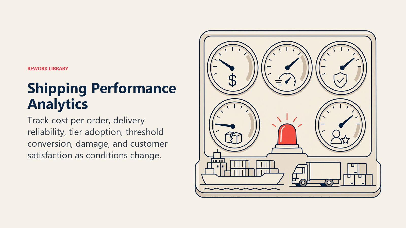 Shipping Performance Analytics, illustrated as a shipping operations dashboard made from large physical gauges for cost, speed, reliability, damage, and satisfaction, one coral alert