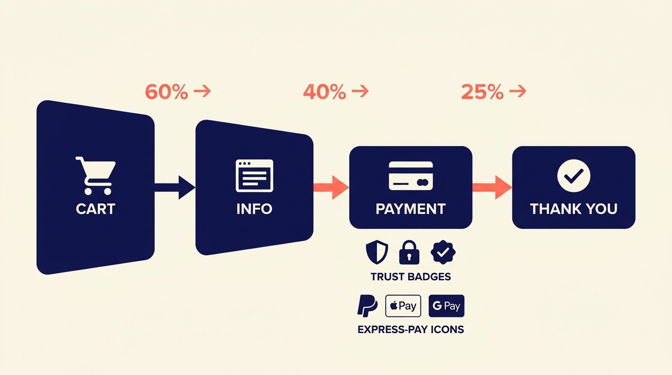 Shopify checkout optimization levers including express pay, trust signals, shipping thresholds, and post-purchase upsells