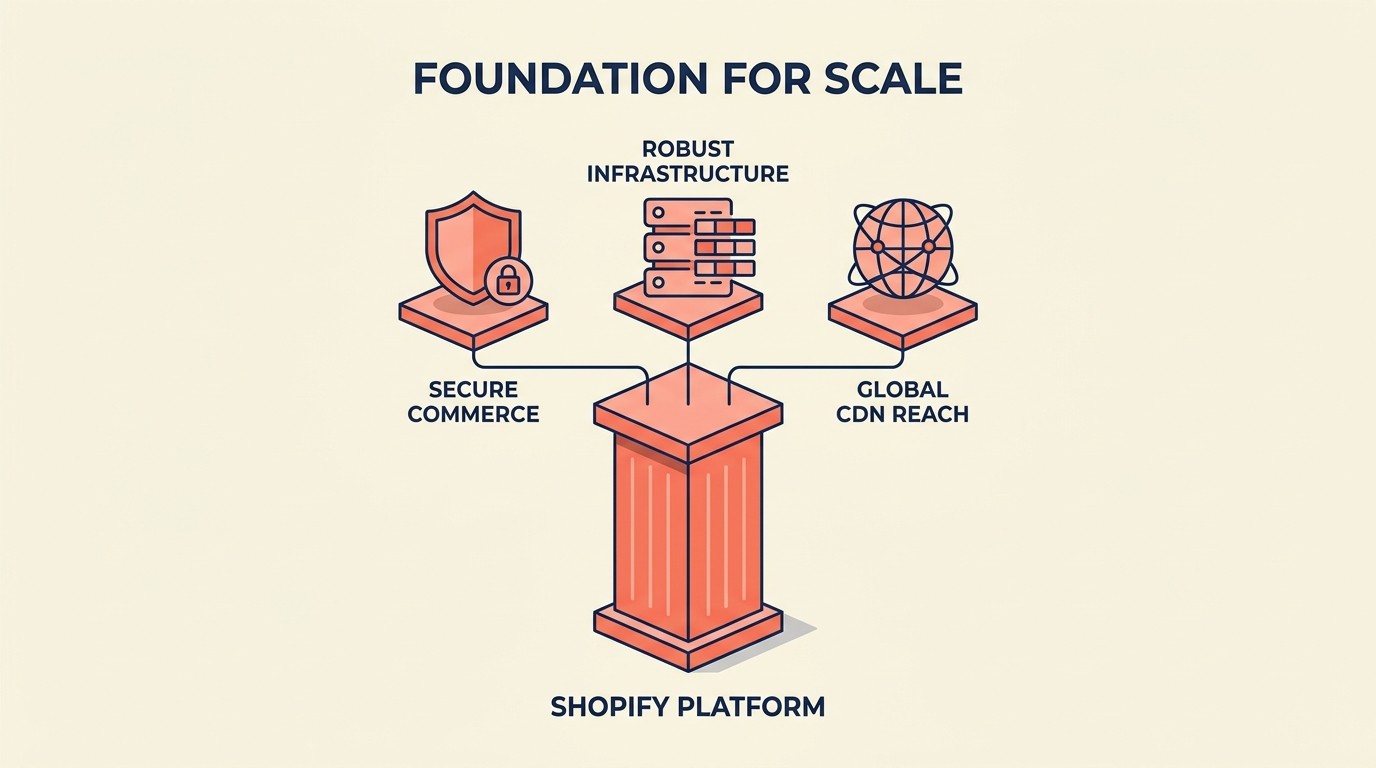 Shopify competitive advantage showing built-in infrastructure, app ecosystem, and total cost of ownership versus alternative platforms