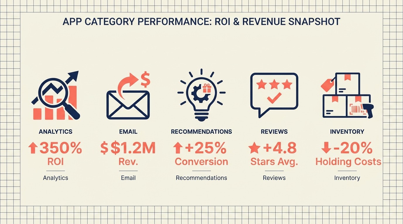 Critical Shopify app categories covering analytics, email, recommendations, reviews, and inventory management for growth stores