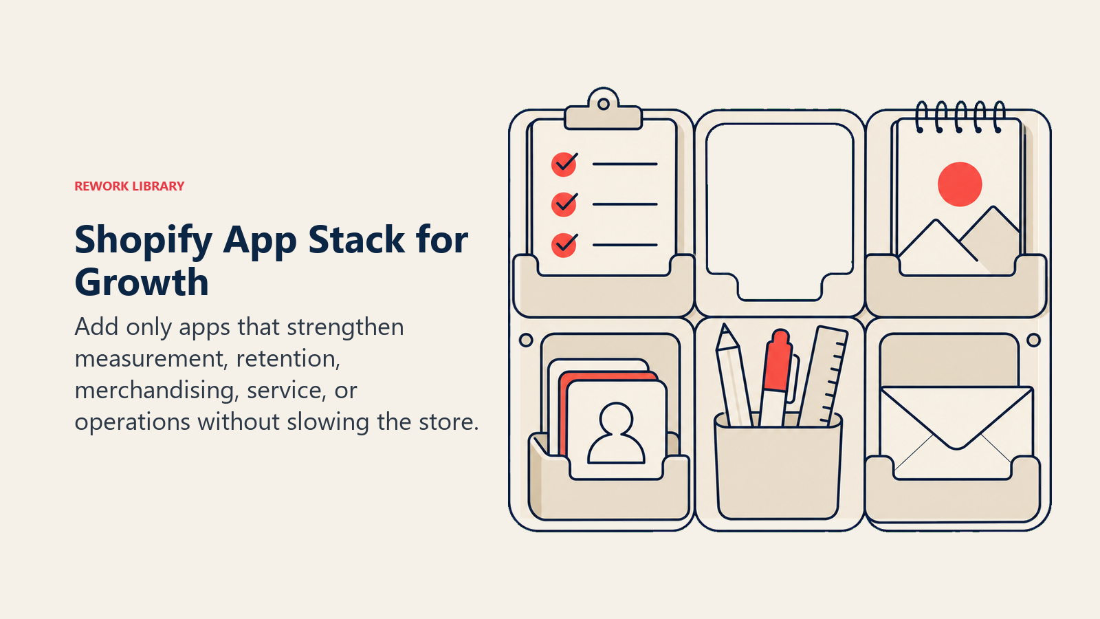Shopify App Stack for Growth illustrated as a compact modular tool rack holds five distinct app-function artifacts around an empty slot, avoiding software logos or ui