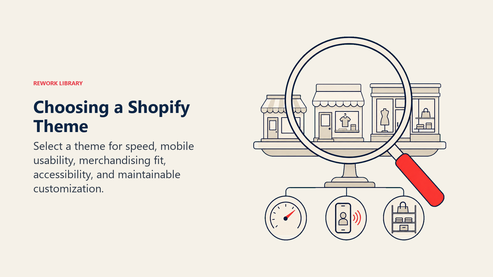 Choosing a Shopify Theme illustrated as a theme-fitting stand compares three storefront shells through a lens for speed, mobile reach, and merchandising space